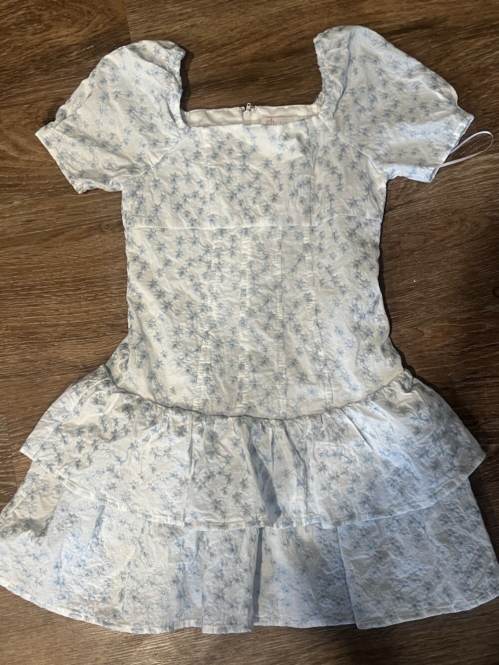GB Girls Youth 8 Blue Floral Embroidered Tiered Dress Puff Sleeve